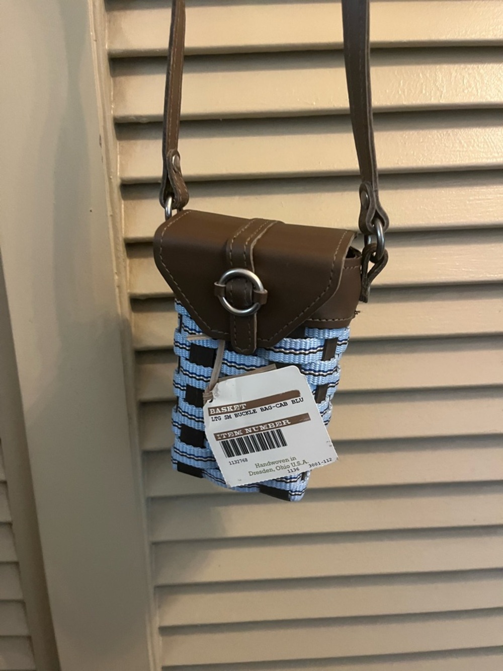 Longaberger Retired Brown Leather-Trim Blue Woven Crossbody Bag